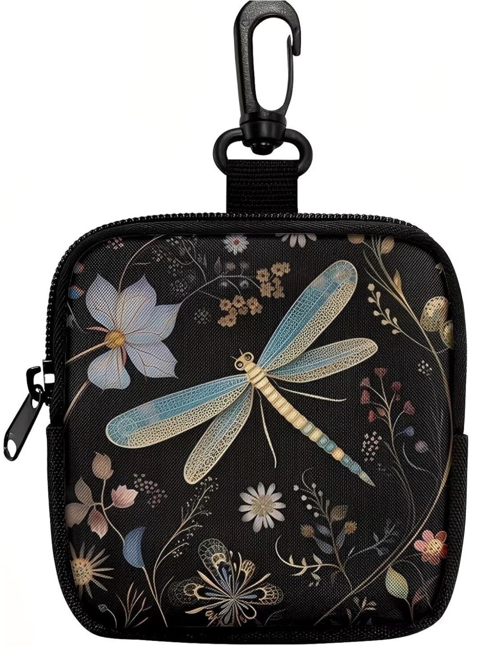 Dragonfly Floral Clip-On Cosmetic Pouch - Black